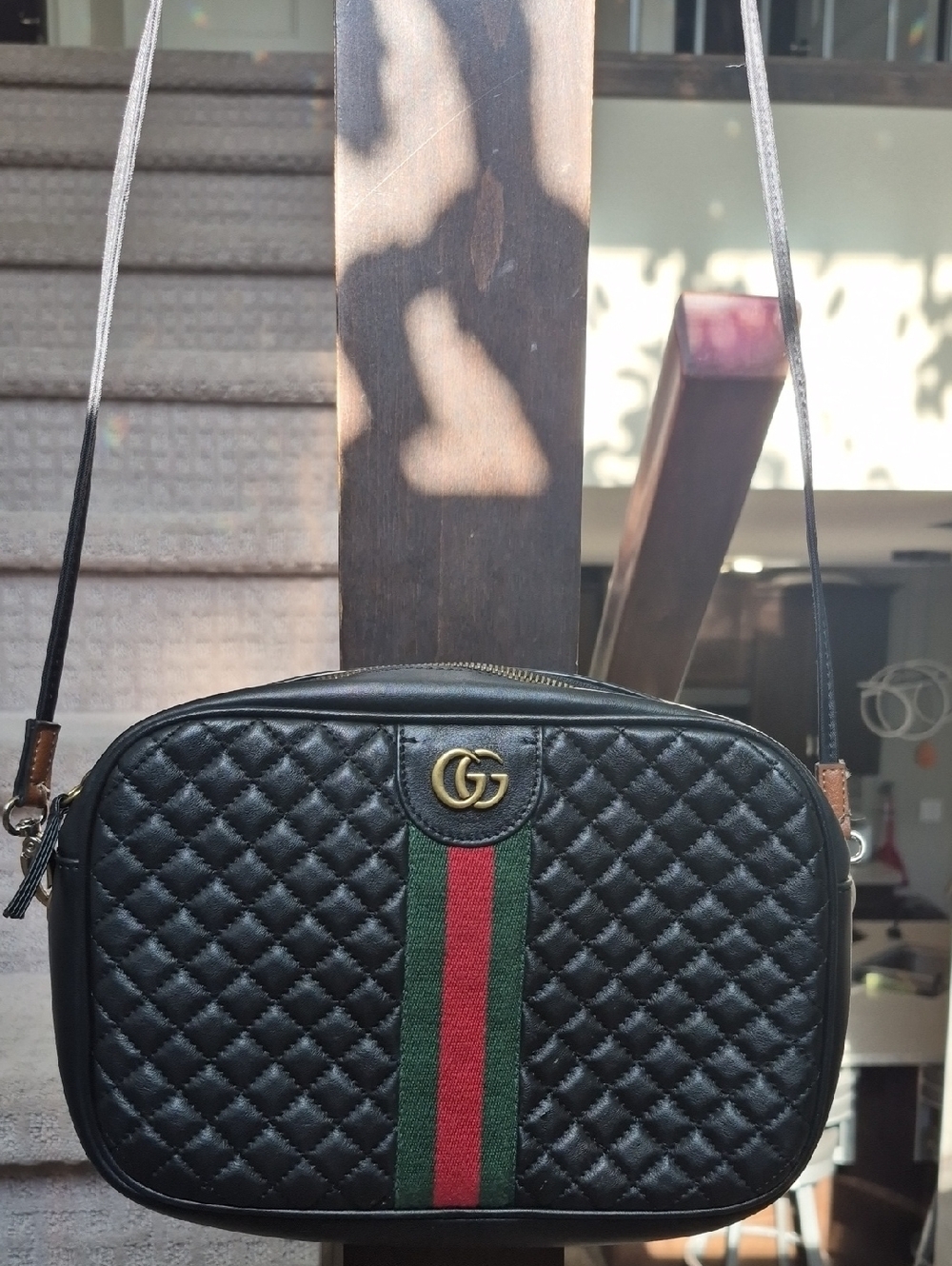 Gucci Black Quilted Leather Crossbody with Green-Red Web Stripe